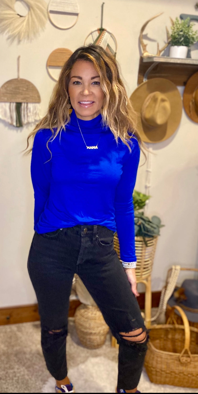 Mock neck blue shirt