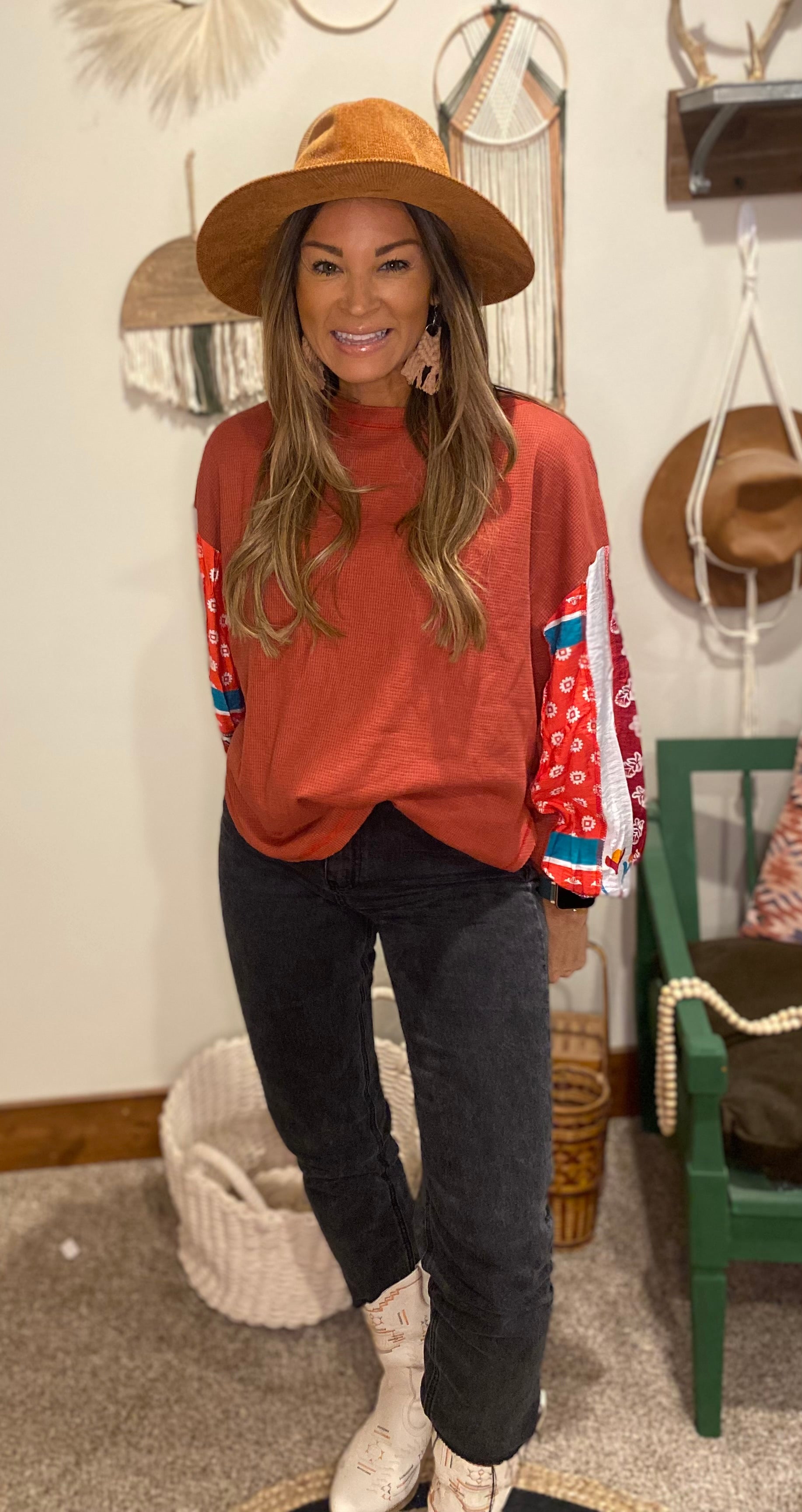Mixed print sleeve top