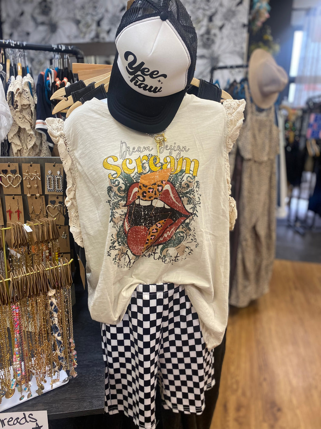 Graphic ruffle sleeve top