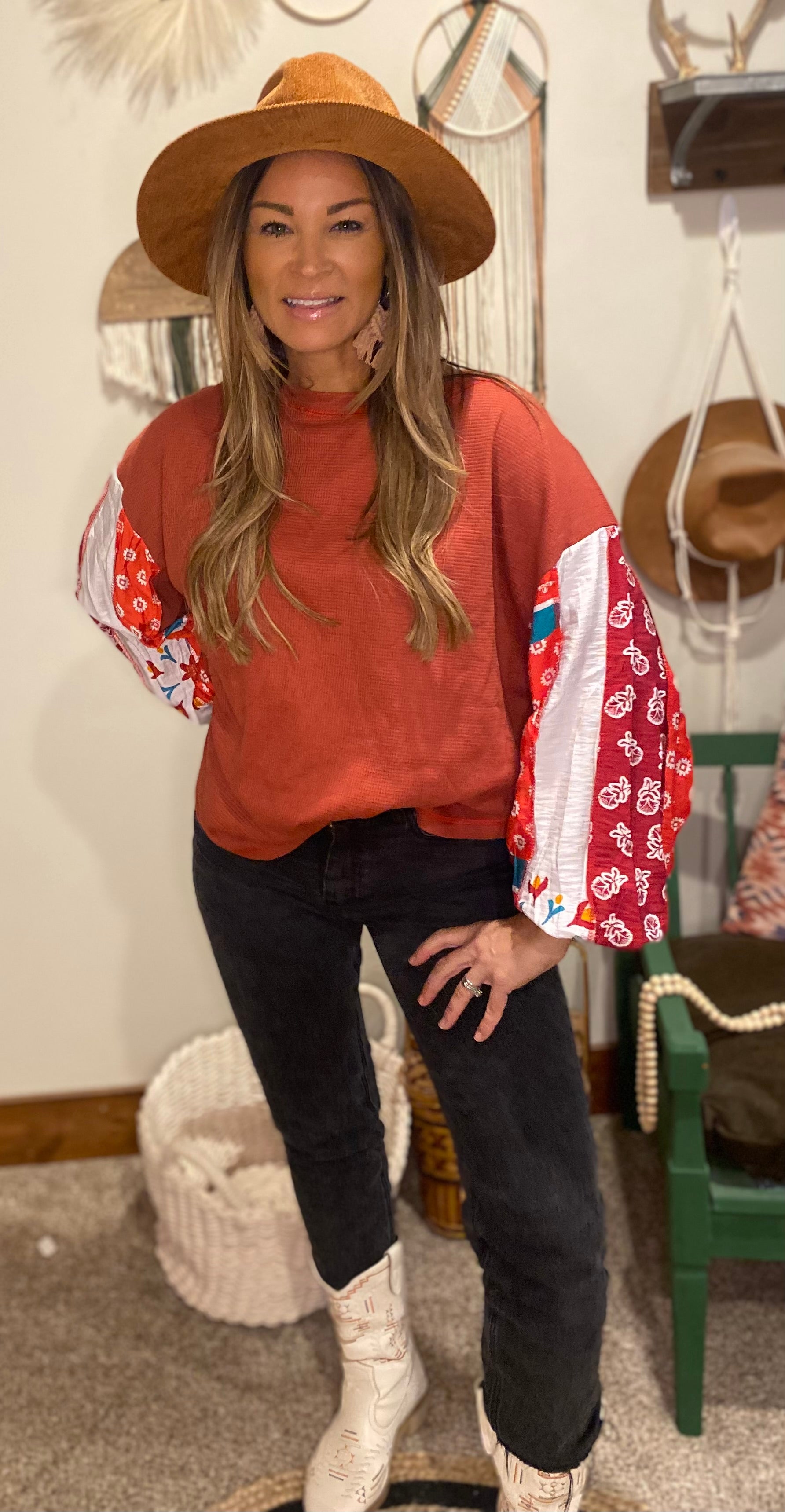 Mixed print sleeve top
