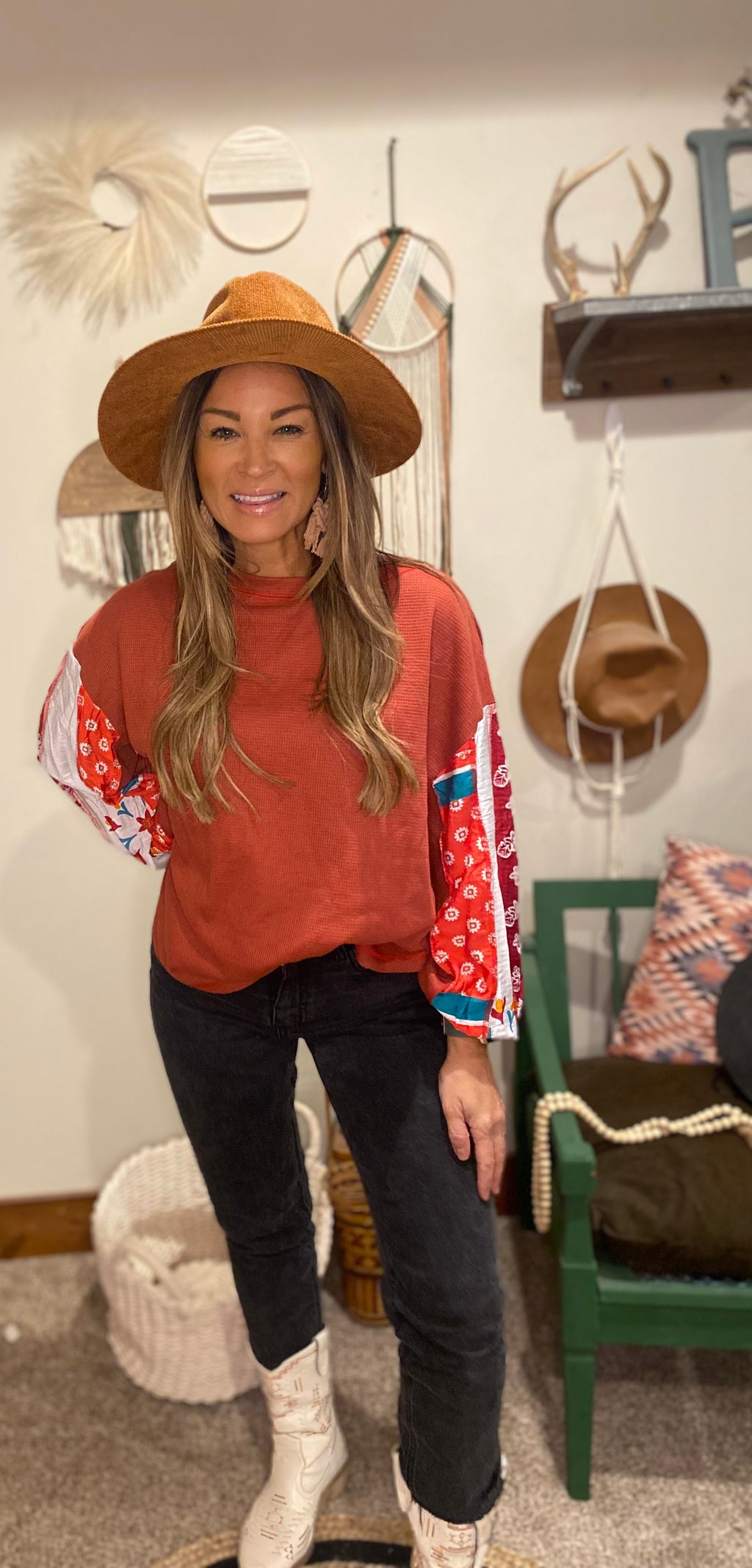 Mixed print sleeve top