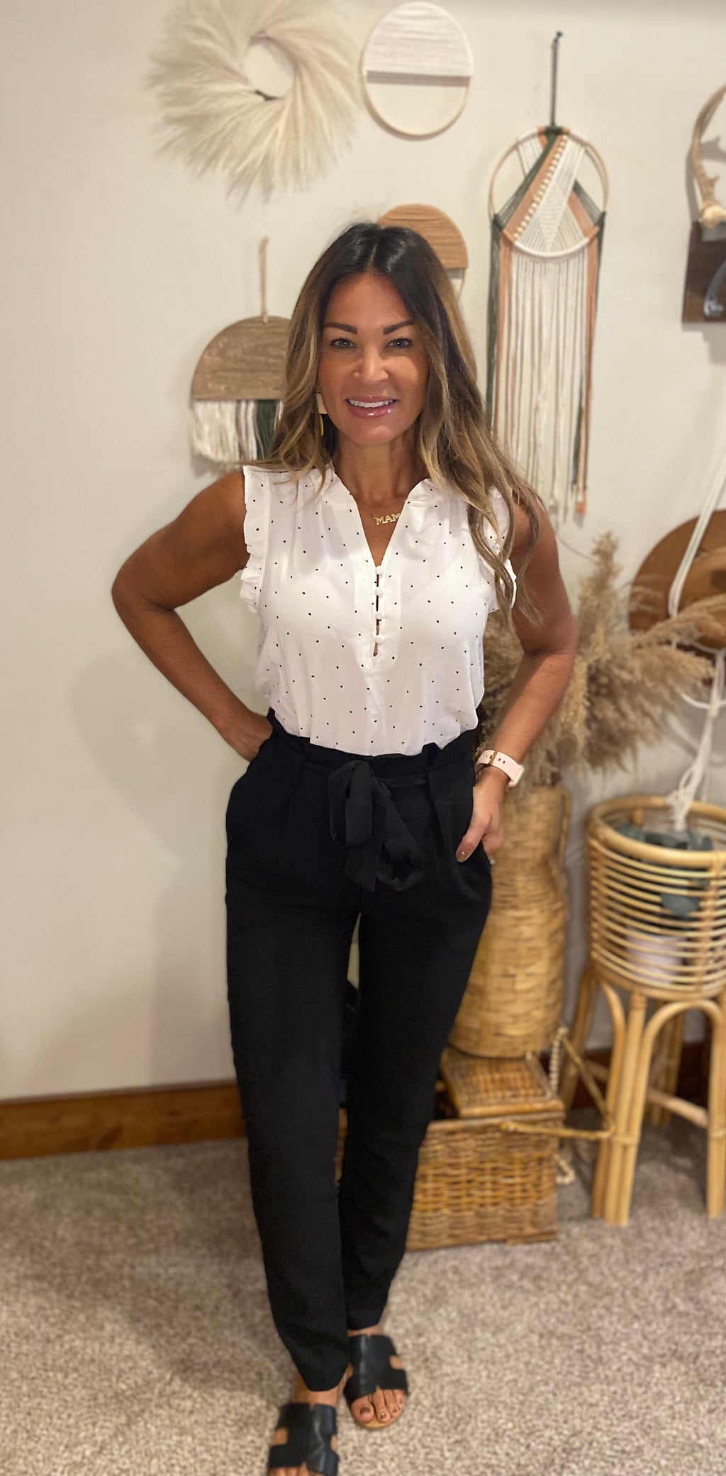 White and black polka dot top/ blouse/ wear to work / basics