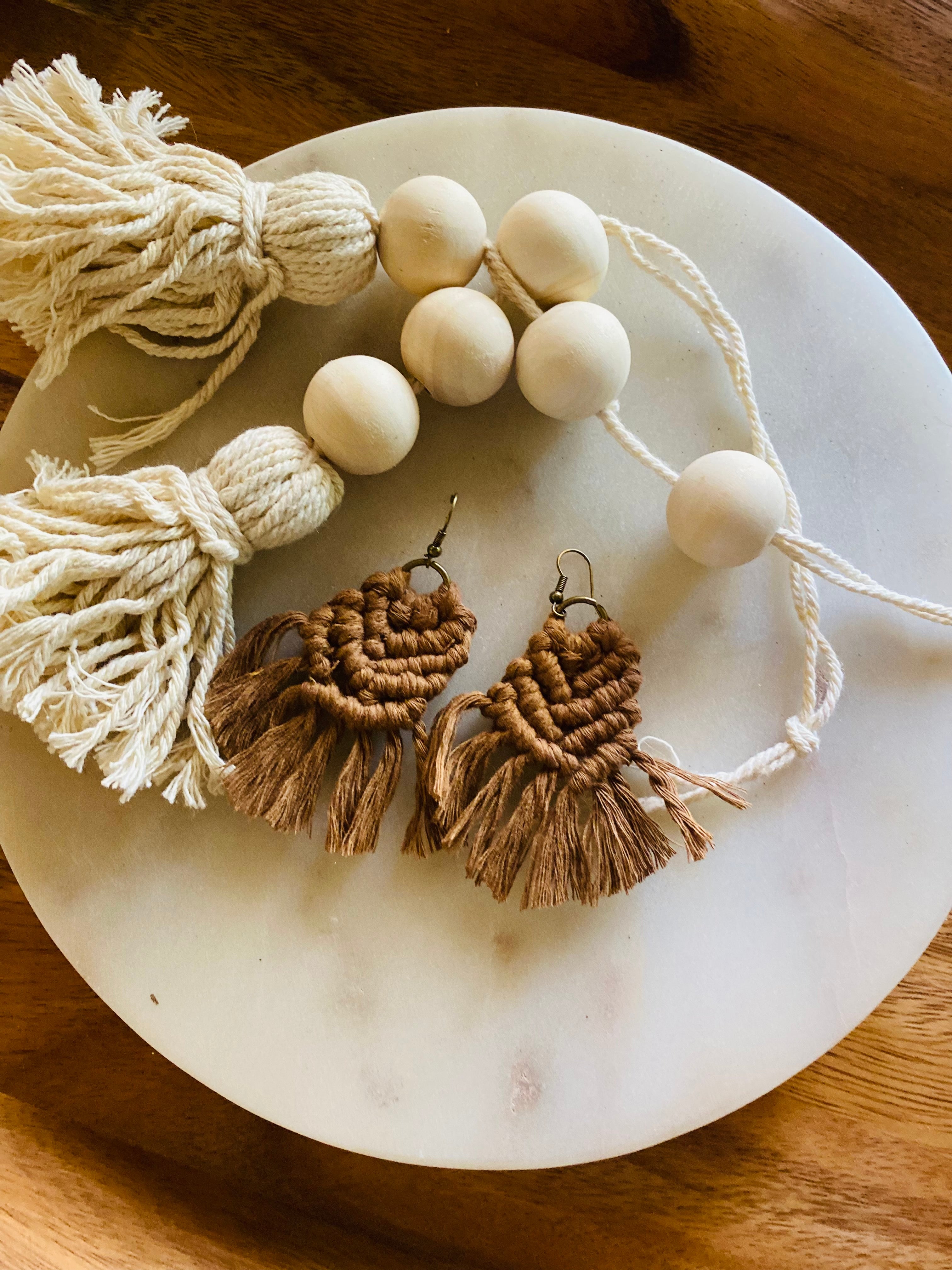 Macrame cream or brown earrings