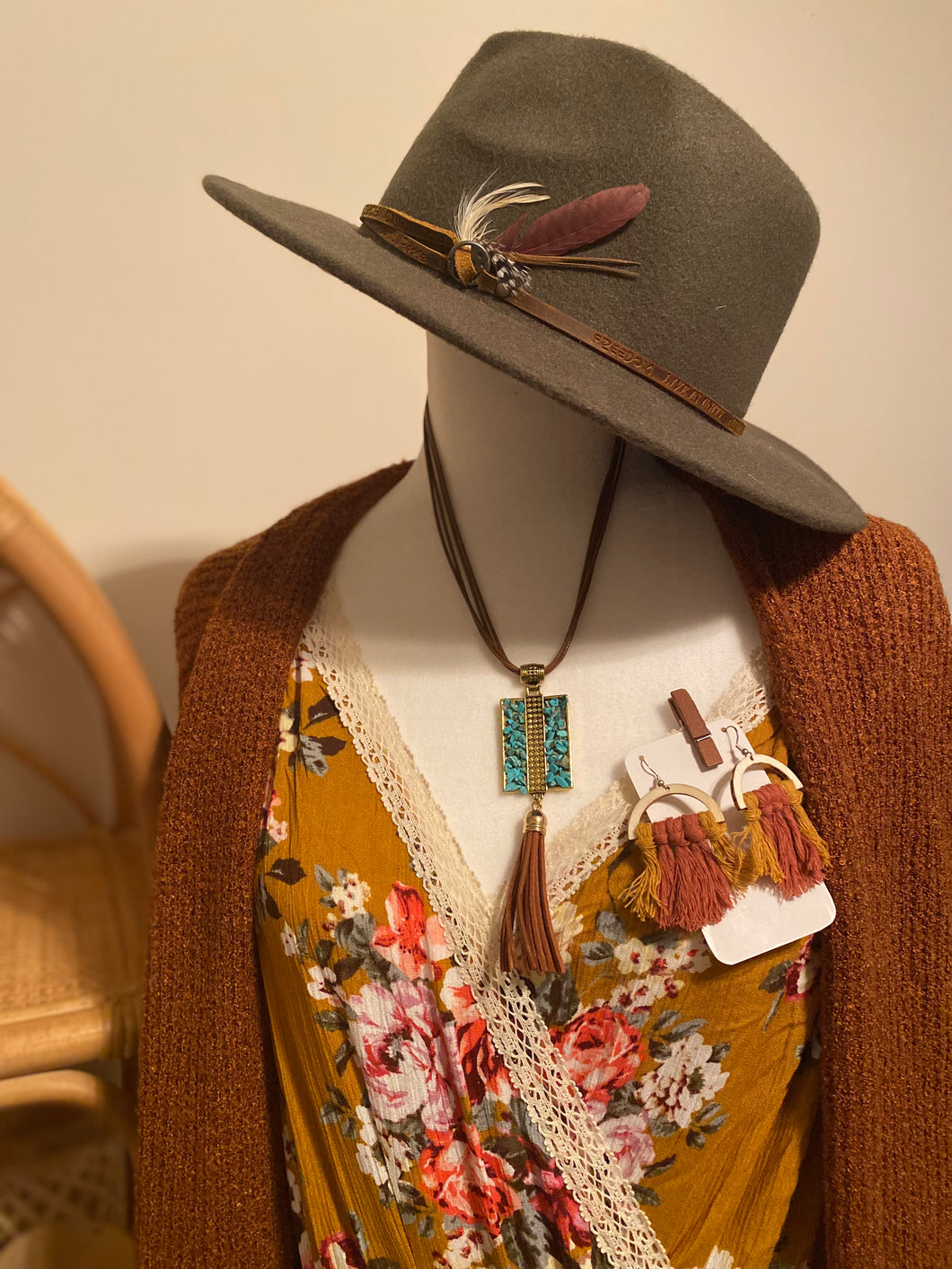 Turquoise and leather tassel necklace