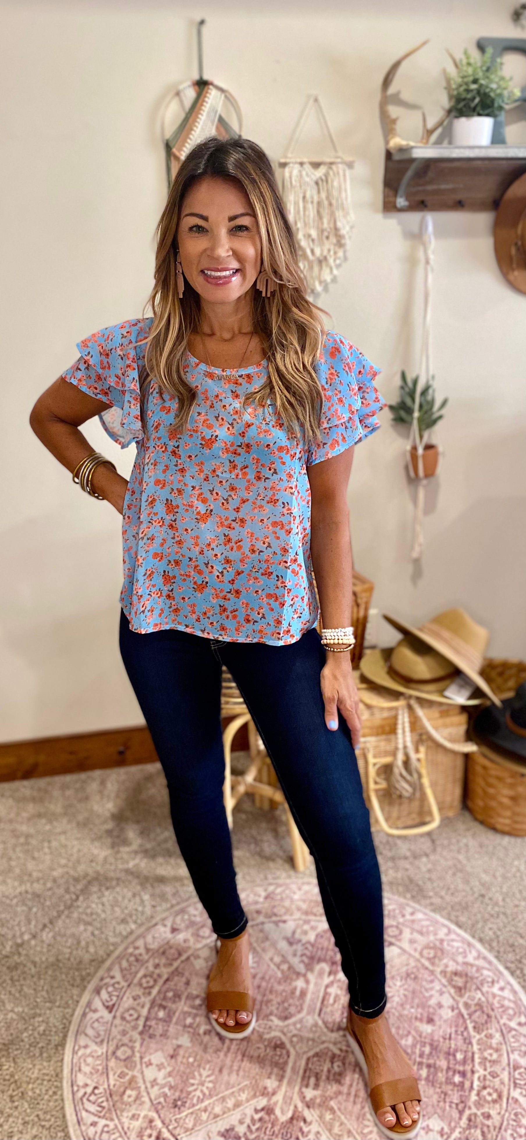 Alice floral top/ orange/ blue / blouse wear to work