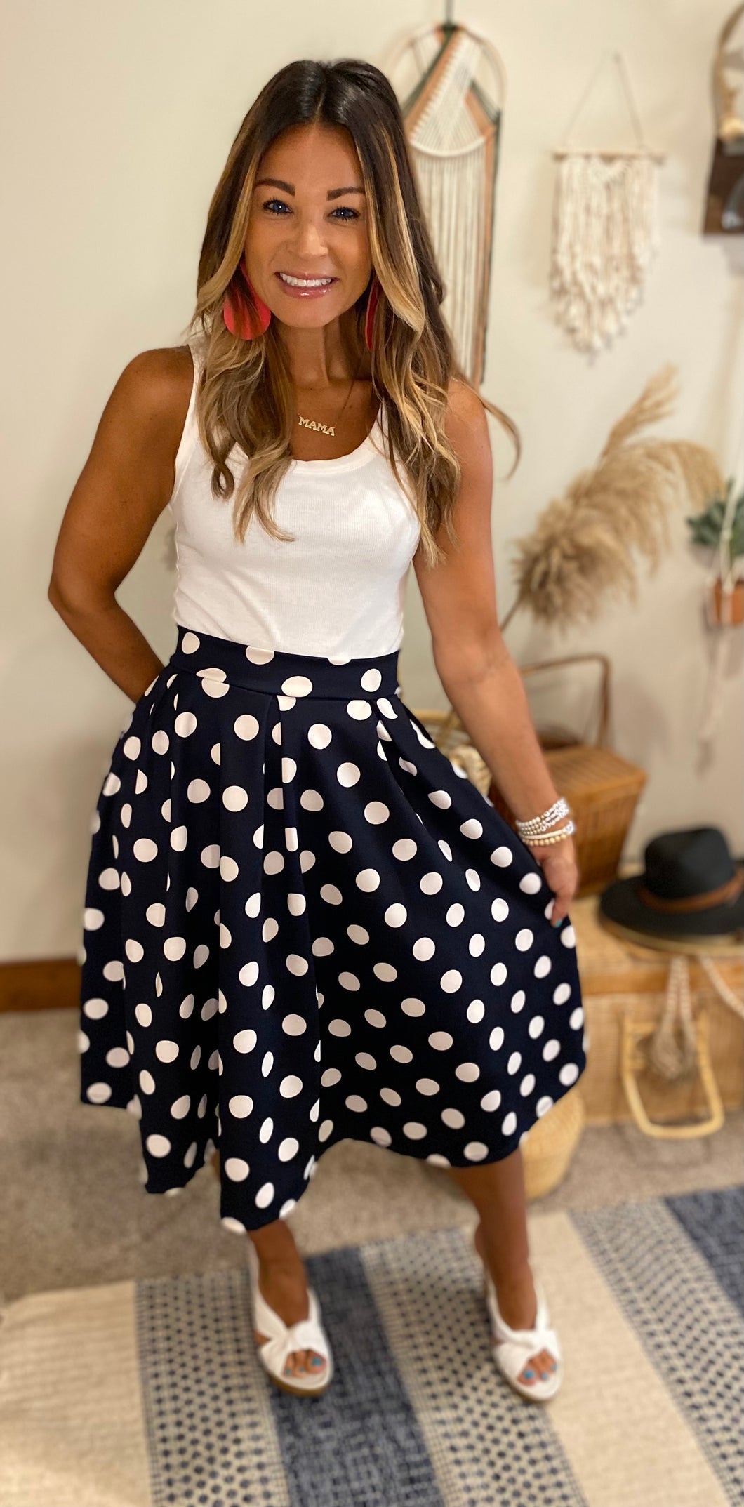 Navy and white polka dot skirt/ skirts
