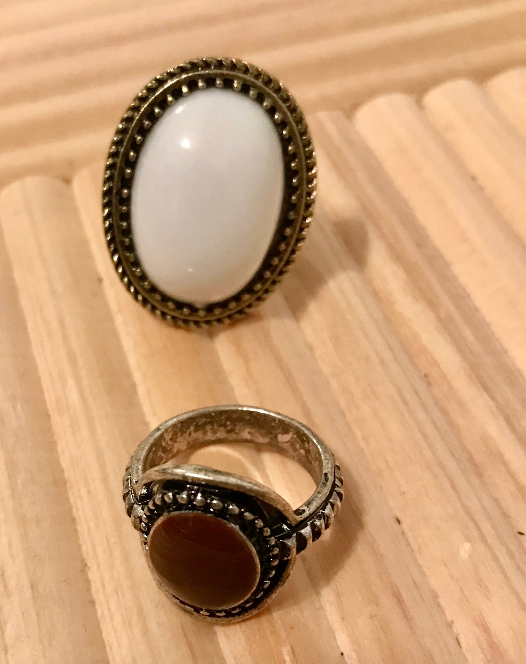 Oval white stone ring / brown boho ring