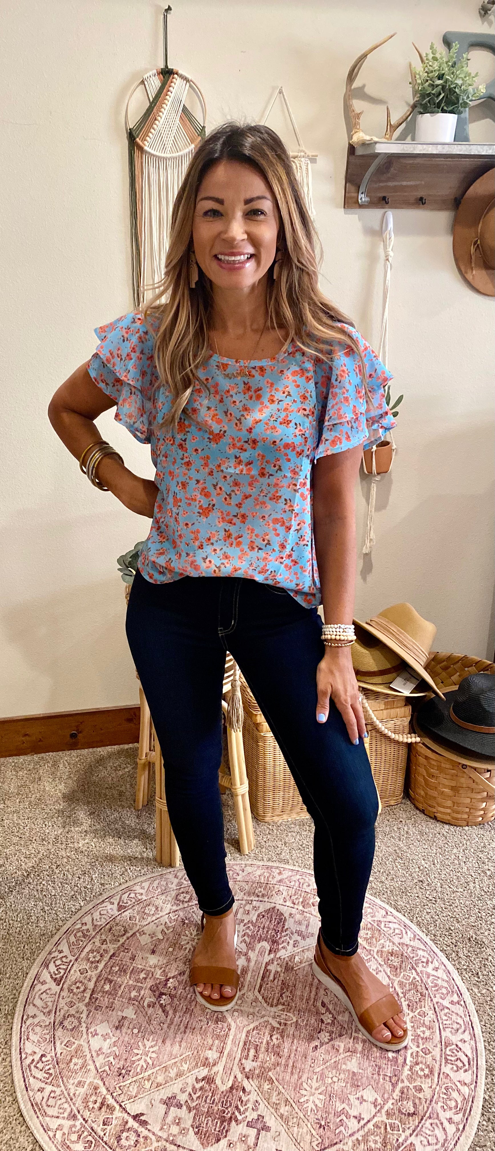 Alice floral top/ orange/ blue / blouse wear to work