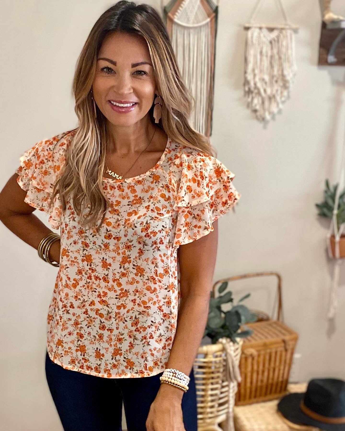 Alice floral top/ orange/ blue / blouse wear to work