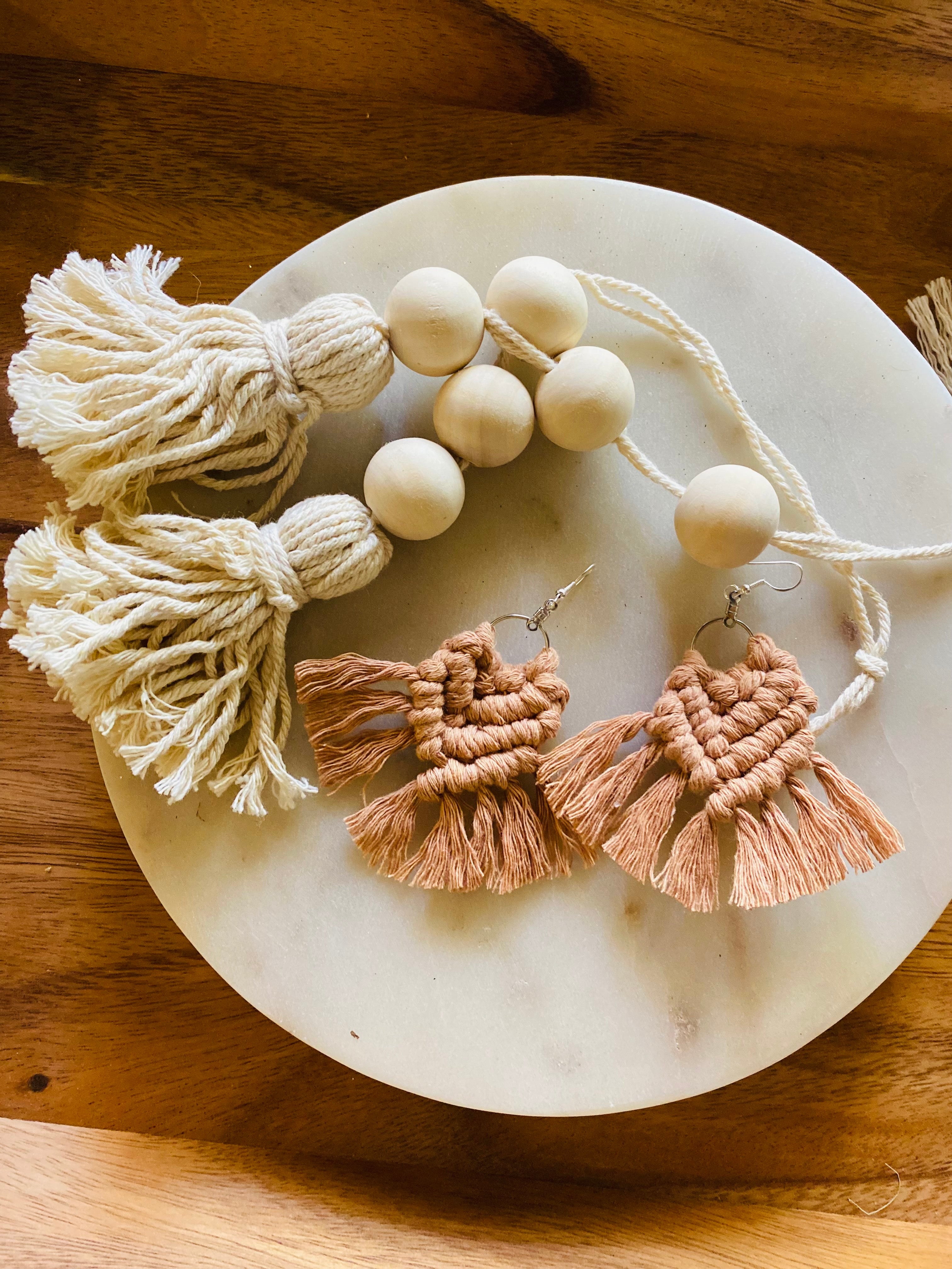 Macrame cream or brown earrings