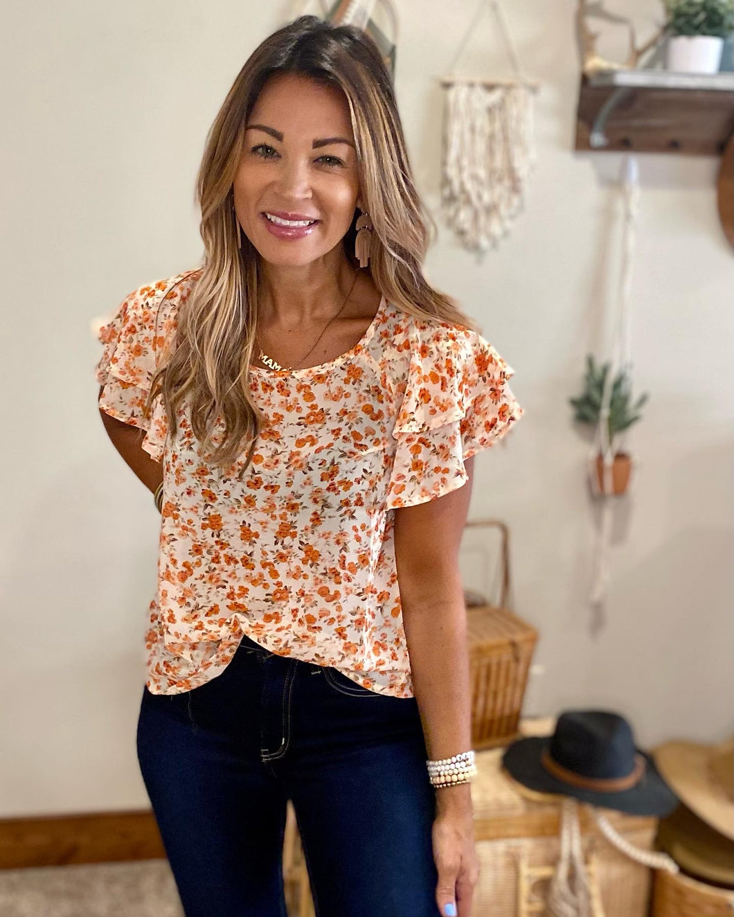 Alice floral top/ orange/ blue / blouse wear to work